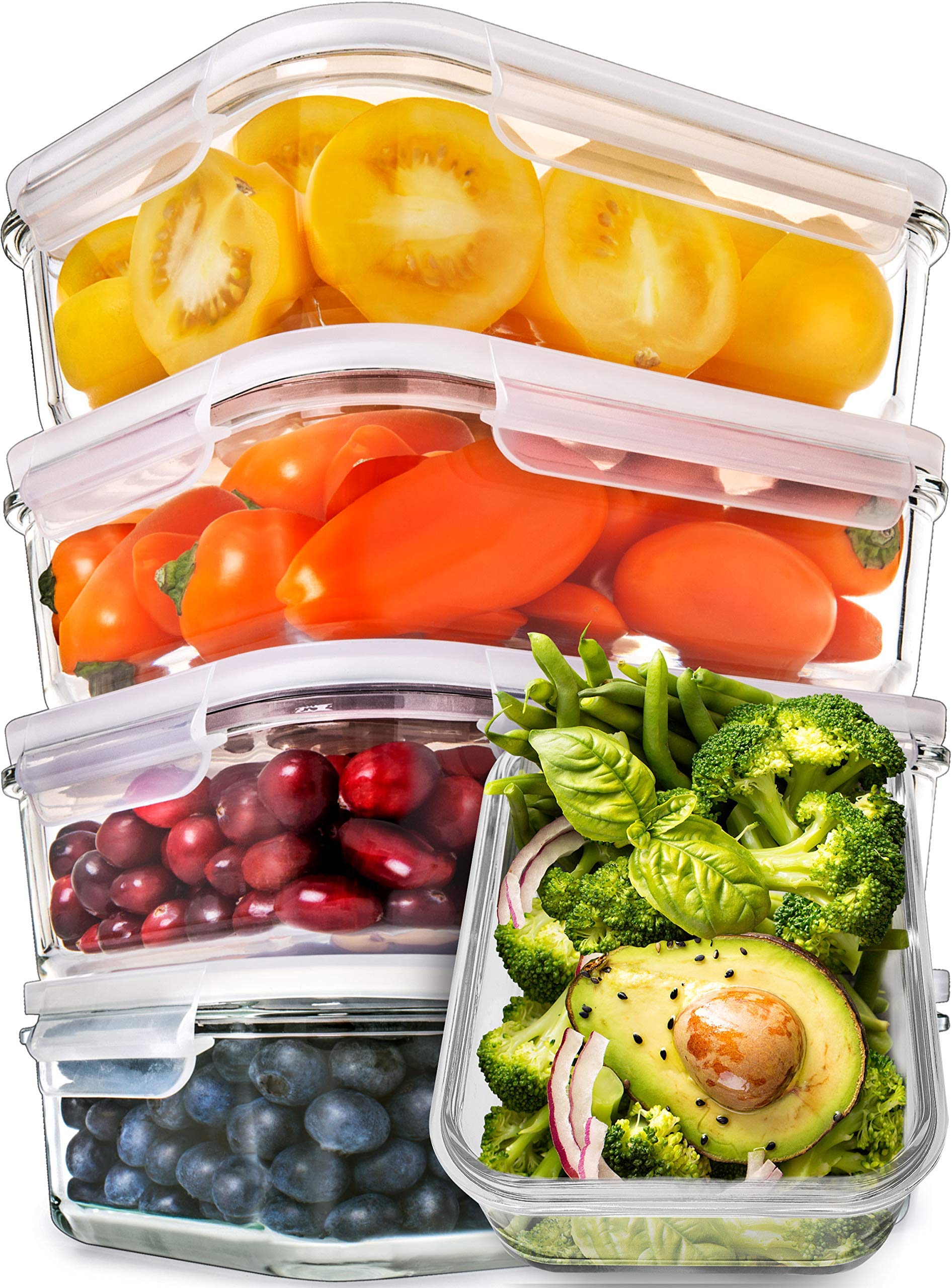 PrepNaturals pack de 5 recipientes de vidrio con tapas, ideales para almacenar comidas.