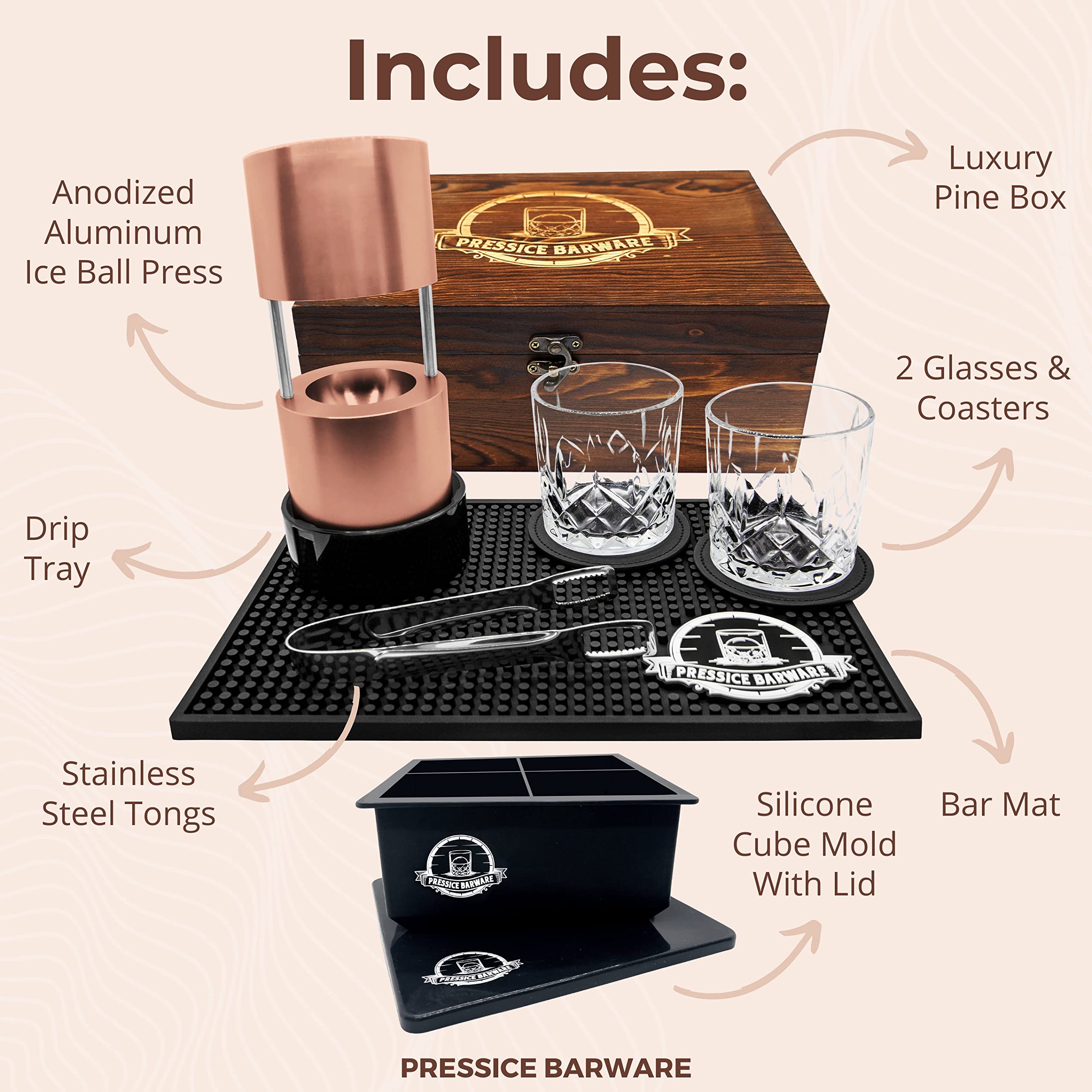 Prensa de hielo Pressice Barware en aluminio anodizado para esferas de 2,3 pulgadas.