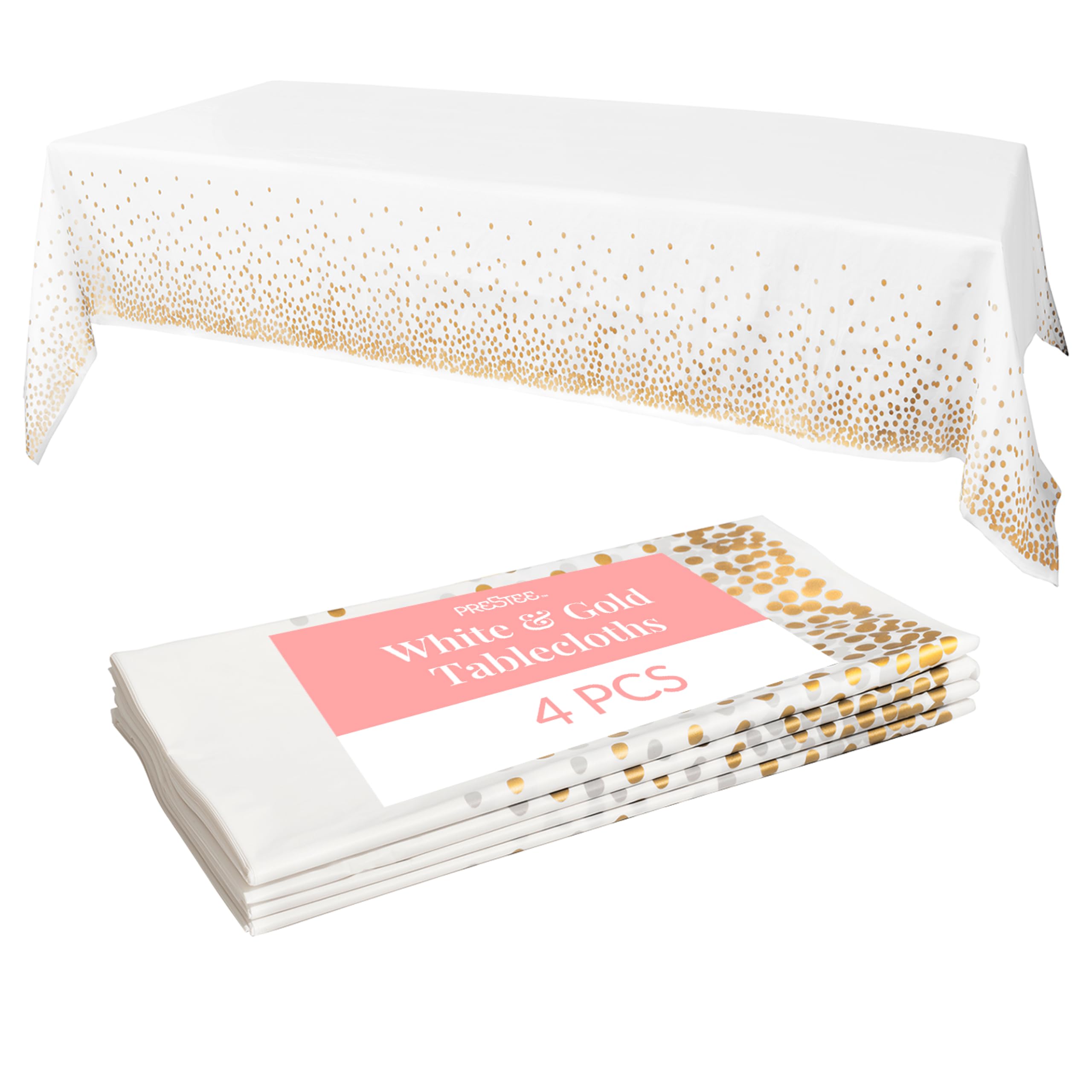 Manteles Prestee desechables blanco con dorado para decorar mesas en fiestas