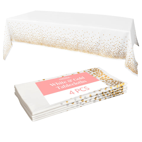 Manteles Prestee desechables blanco con dorado para decorar mesas en fiestas