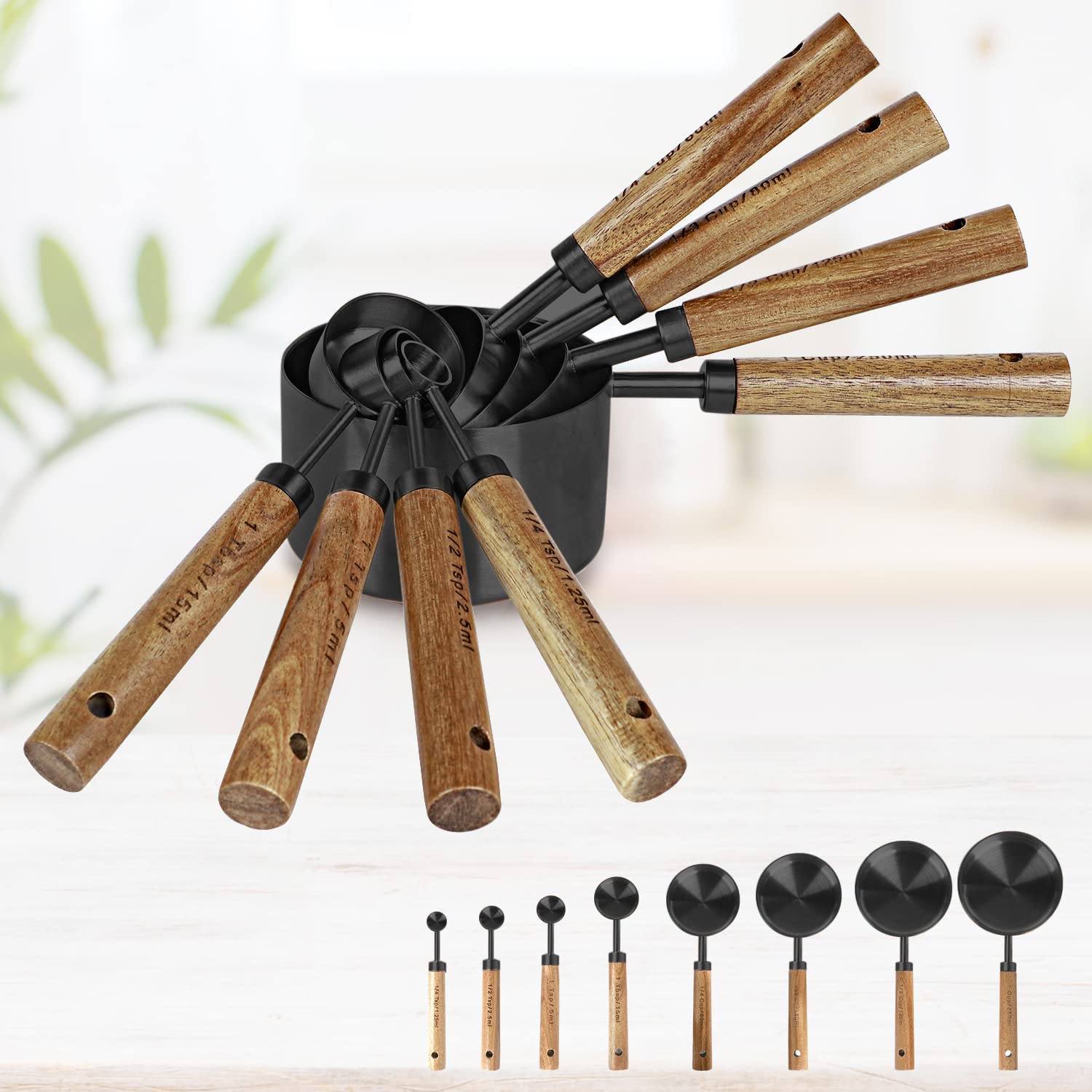 PRETTYFINE cucharas de medición negro con mango de madera aromada para medir sin esfuerzo