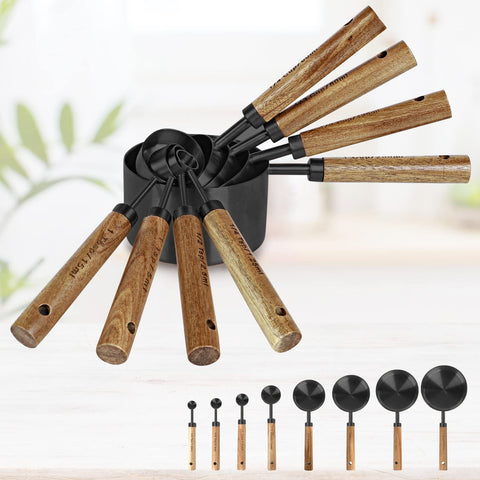 PRETTYFINE cucharas de medición negro con mango de madera aromada para medir sin esfuerzo