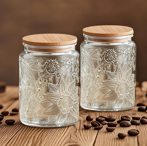 Conjunto de frascos de vidrio Prettidecor con tapa de bambú para almacenamiento ordenado.