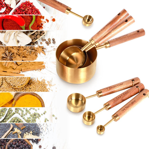 PrettyFine cucharas doradas para medición con mango de madera aromática.