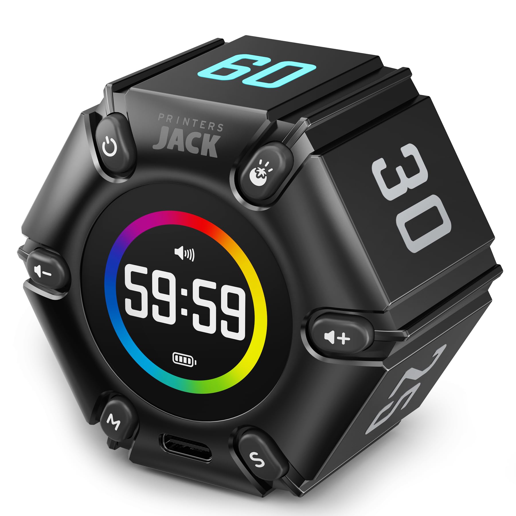 Printers Jack Pomodoro Timer frente en escritorio para mayor enfoque.