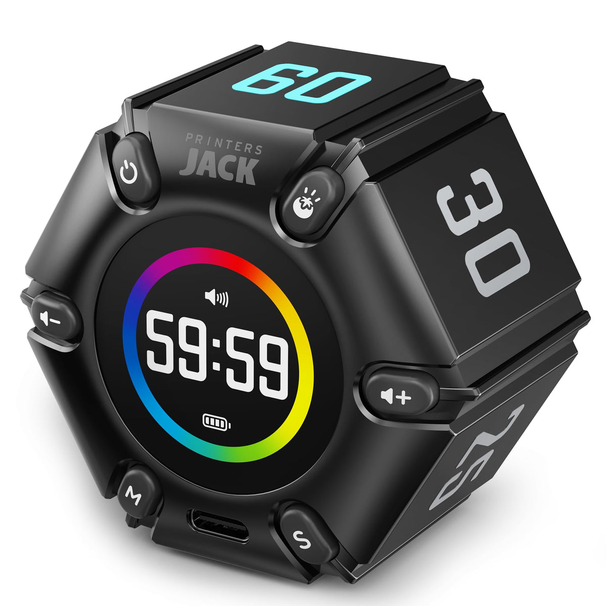 Printers Jack Pomodoro Timer frente en escritorio para mayor enfoque.