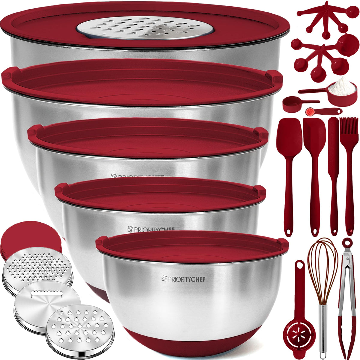 Priority Chef: cuencos mezcladores de acero con tapas para conservar frescura.