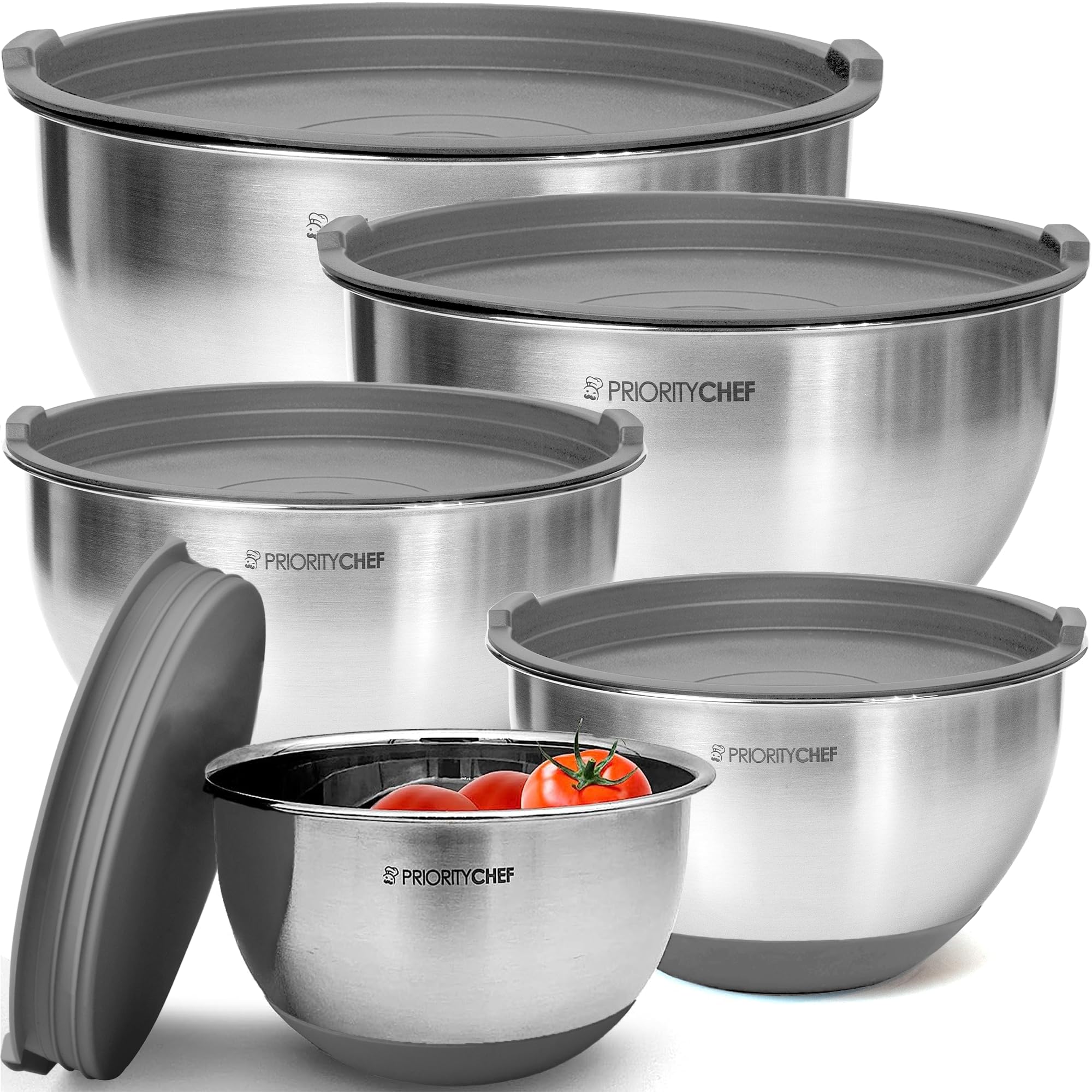 Priority Chef cuencos de mezcla premium con tapas en acero inoxidable para cocinar con confianza.