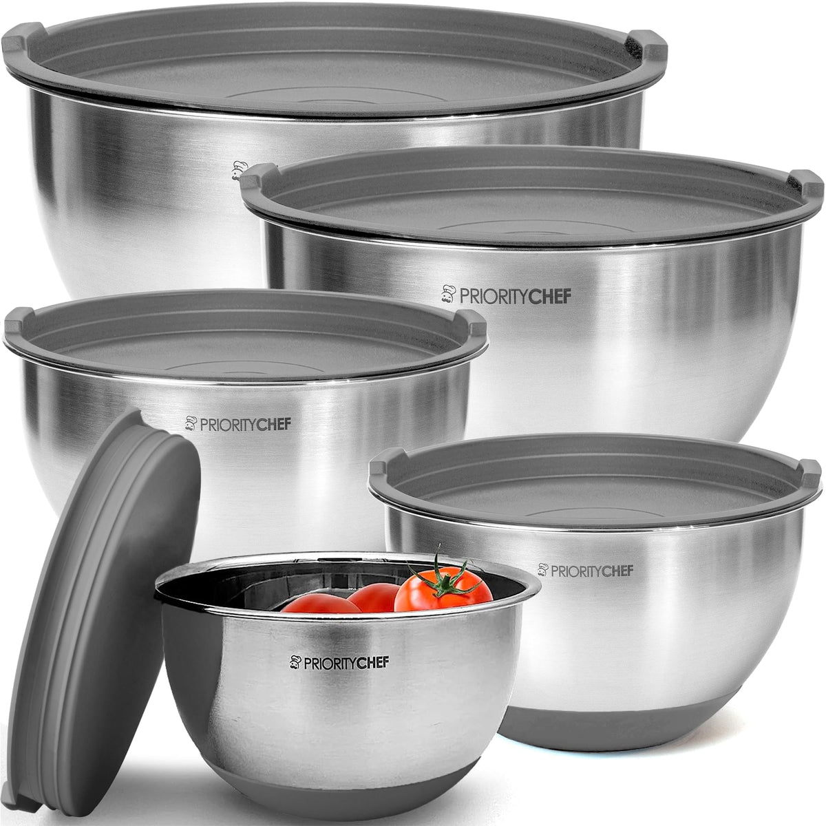 Priority Chef cuencos de mezcla premium con tapas en acero inoxidable para cocinar con confianza.