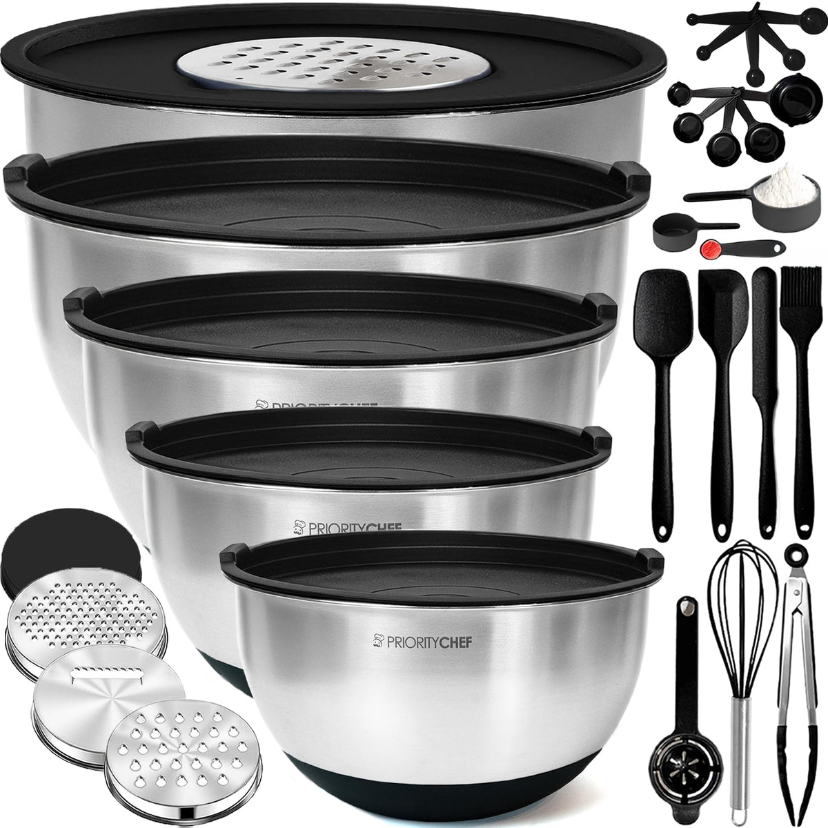 Conjunto de cuencos Priority Chef de acero con tapas, ideal para almacenar y enfriar alimentos.