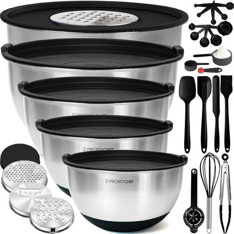 Conjunto de cuencos Priority Chef de acero con tapas, ideal para almacenar y enfriar alimentos.