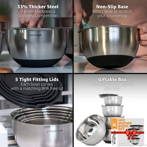 Priority Chef cuencos de 2 qt con tapas, aptos para mantener ingredientes frescos