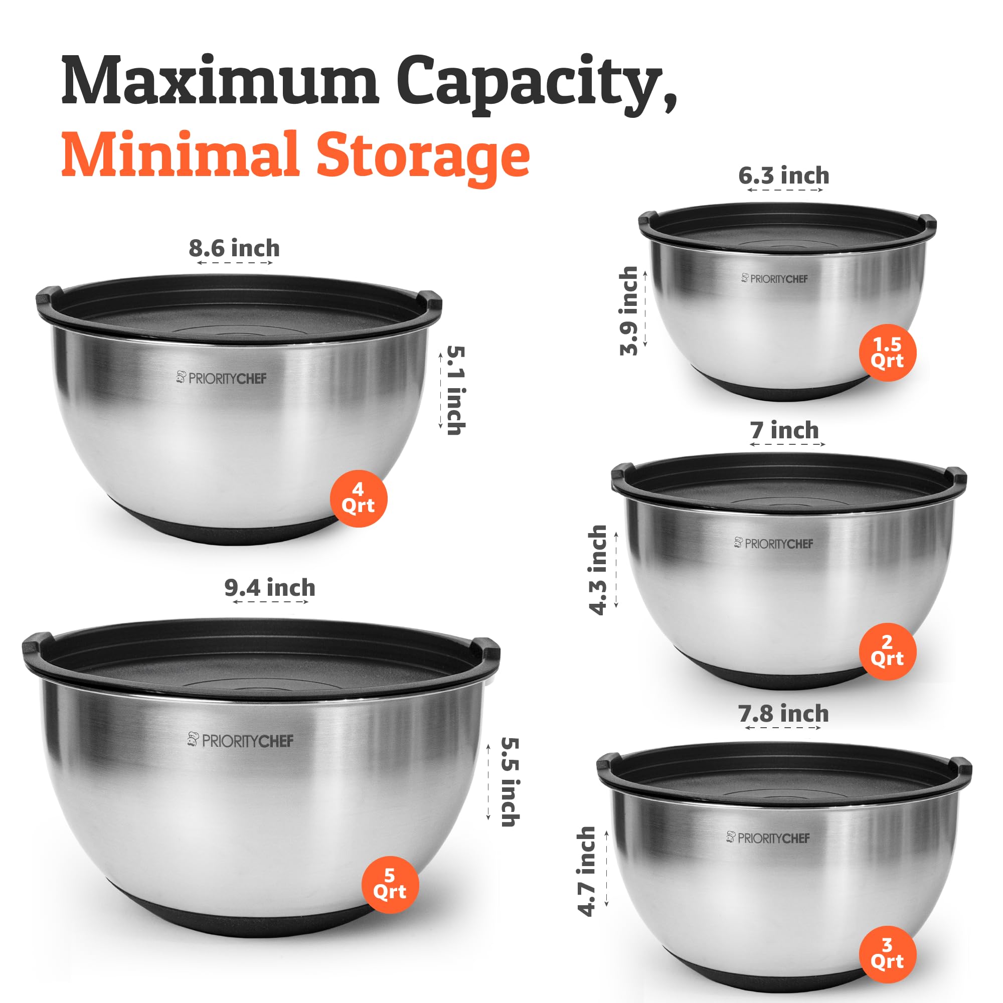 Priority Chef cuencos de 3 qt apilables con tapa hermética para almacenamiento