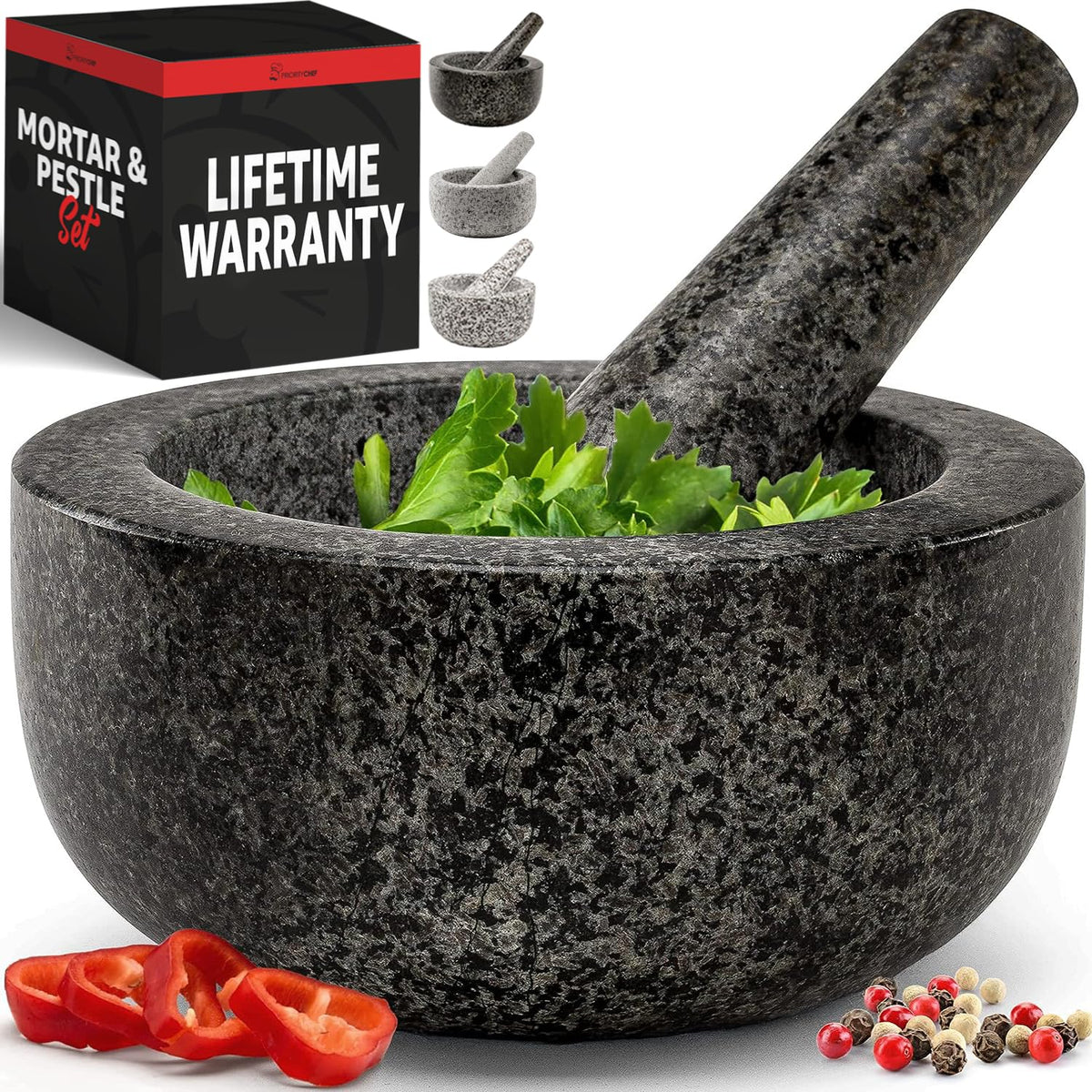 Mortero Priority Chef con pilón de granito, ideal para guacamole y salsas.