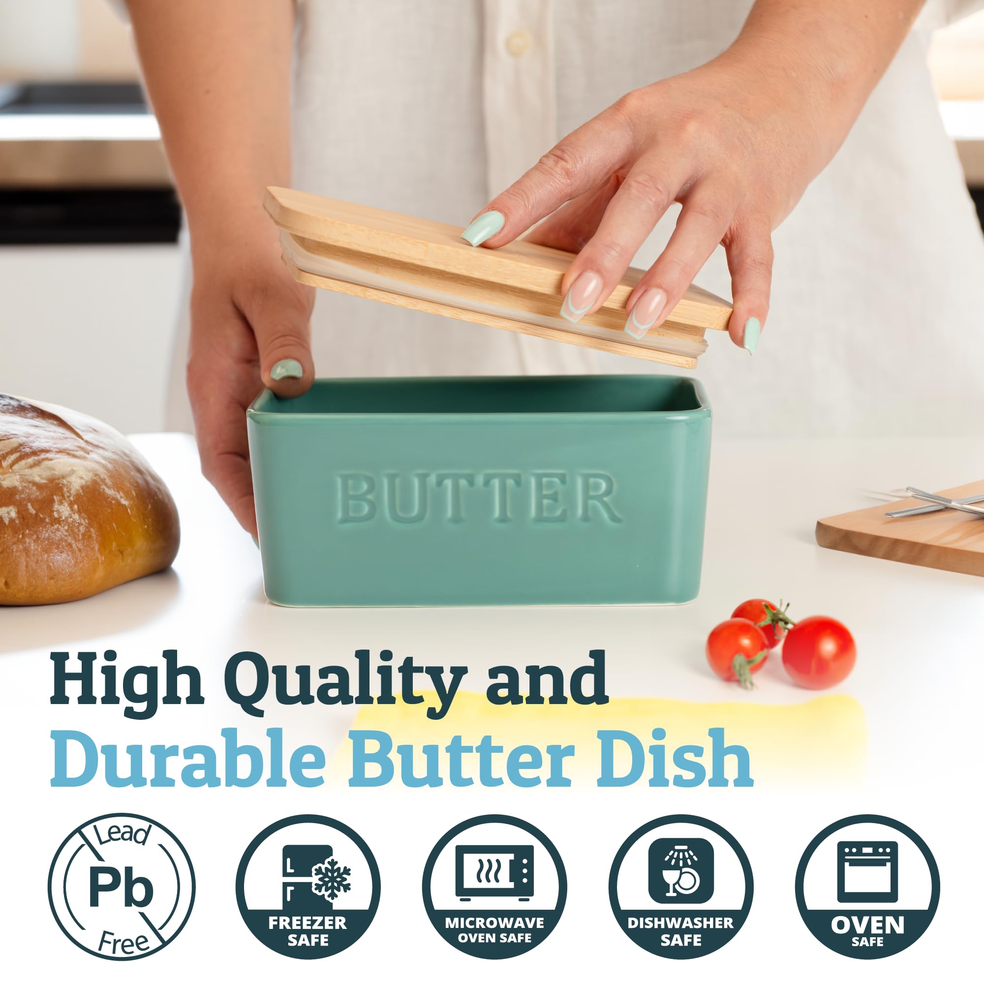 Priority Chef recipiente cerámico para mantequilla con tapa hermética en tono turquesa.