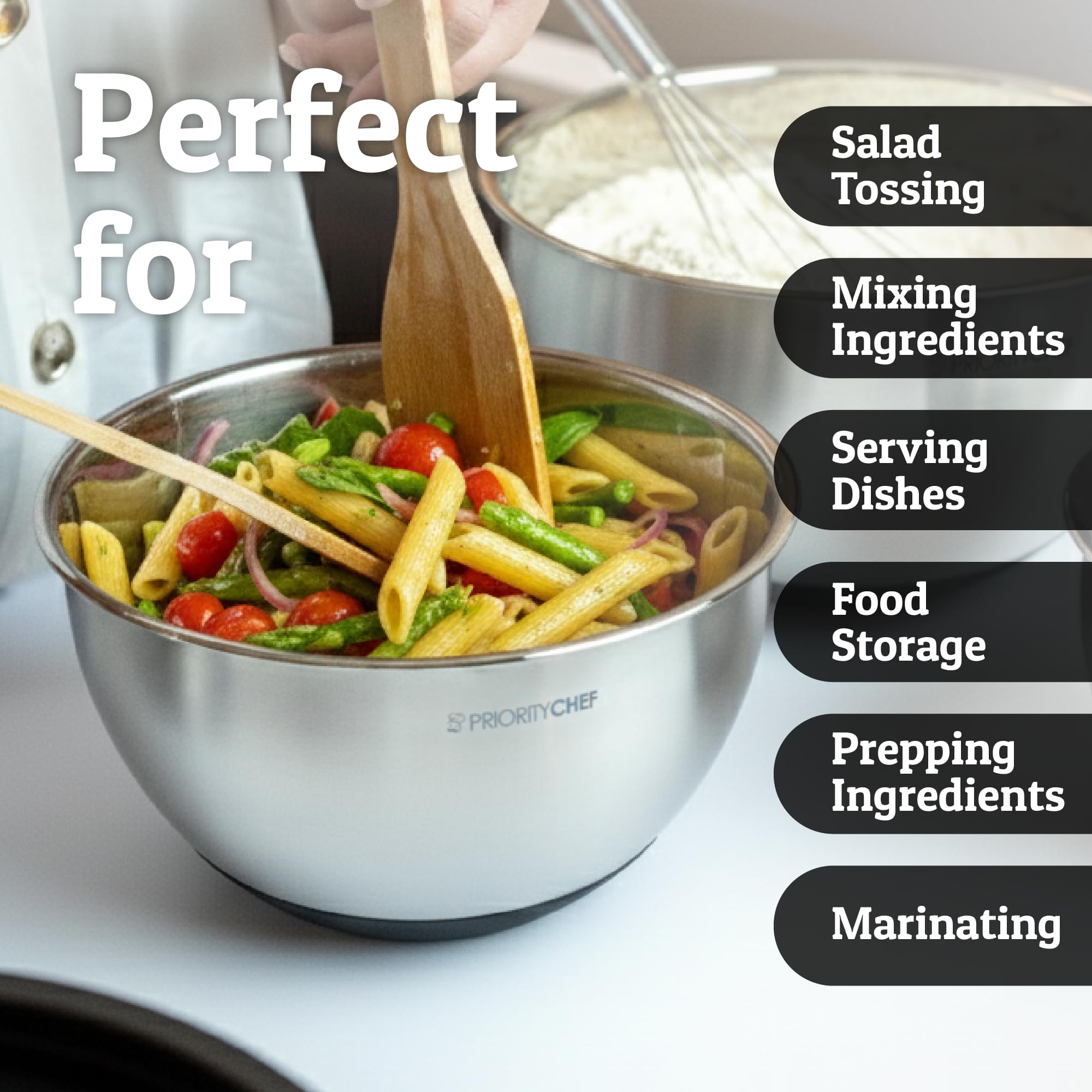 Conjunto de 5 cuencos de acero Priority Chef para preparación diaria y almacenamiento.