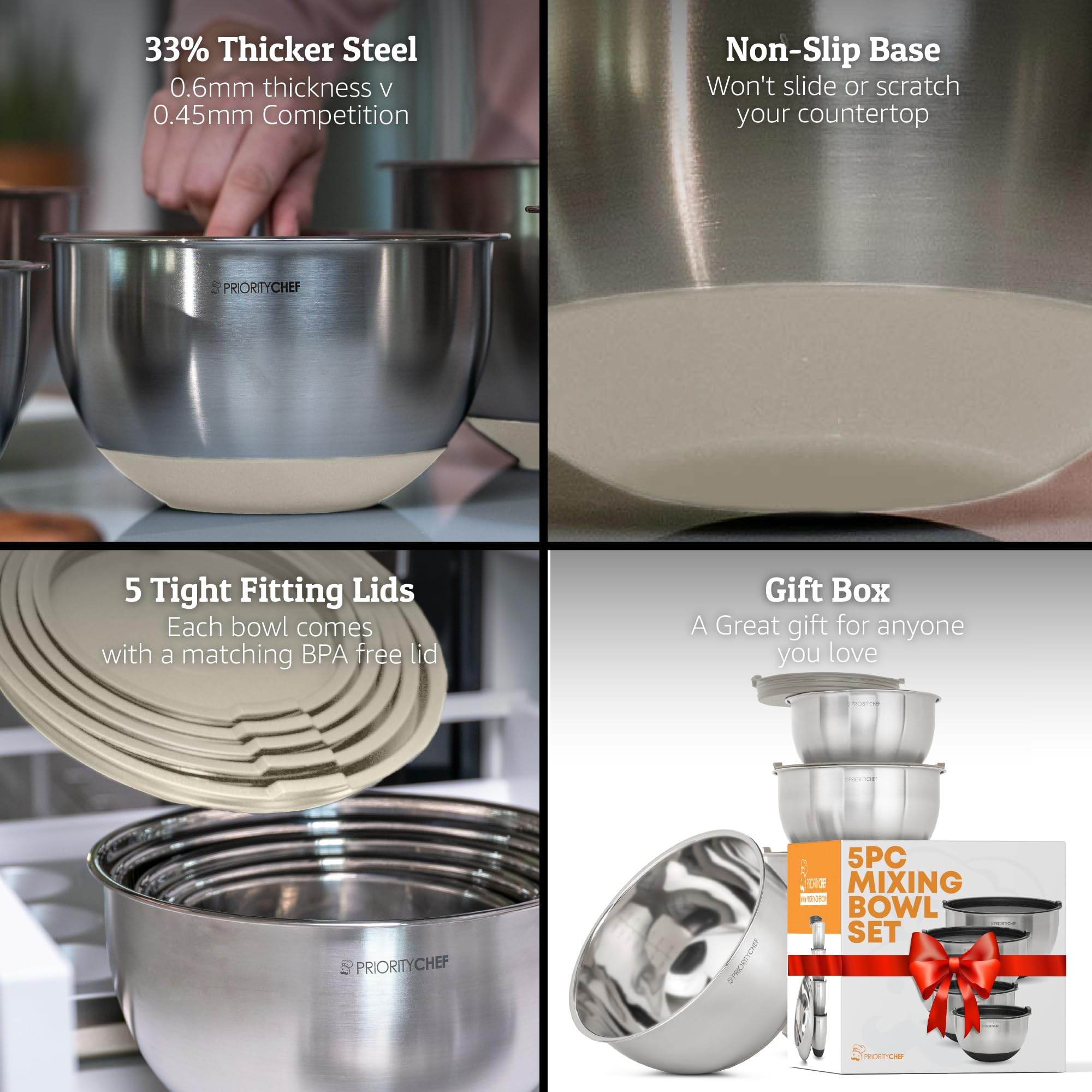 Tazones Priority Chef con medidas grabadas para cocinar con precisión.
