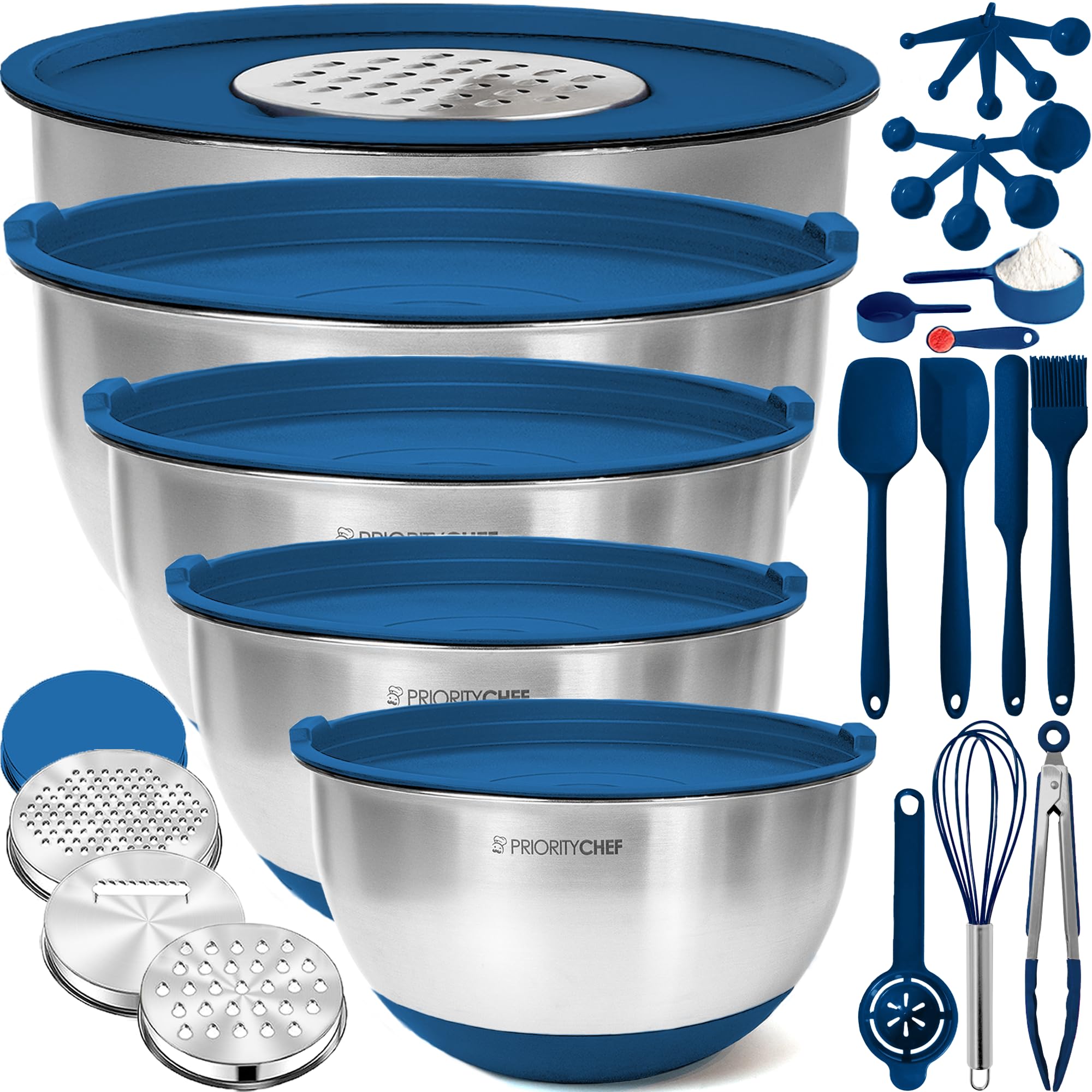 Conjunto Priority Chef de tazones de acero inoxidable con tapas para almacenamiento seguro.