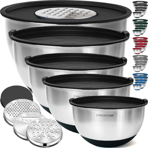 Priority Chef tazones de mezcla en acero inoxidable con tapas herméticas para conservar frescura.