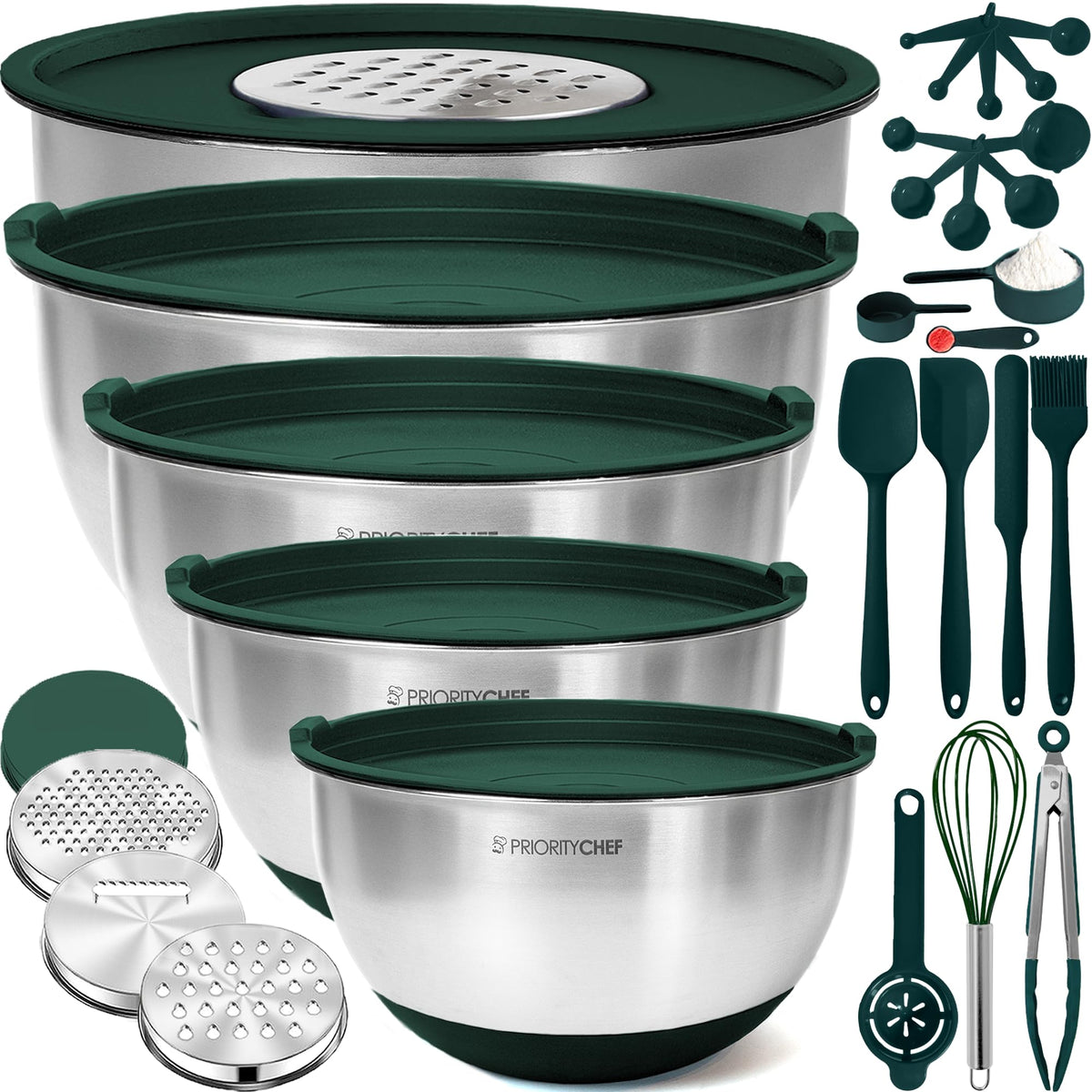 Conjunto Priority Chef de tazones de acero inoxidable con tapas para mezclar.