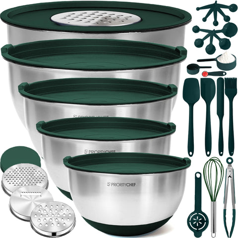 Conjunto Priority Chef de tazones de acero inoxidable con tapas para mezclar.
