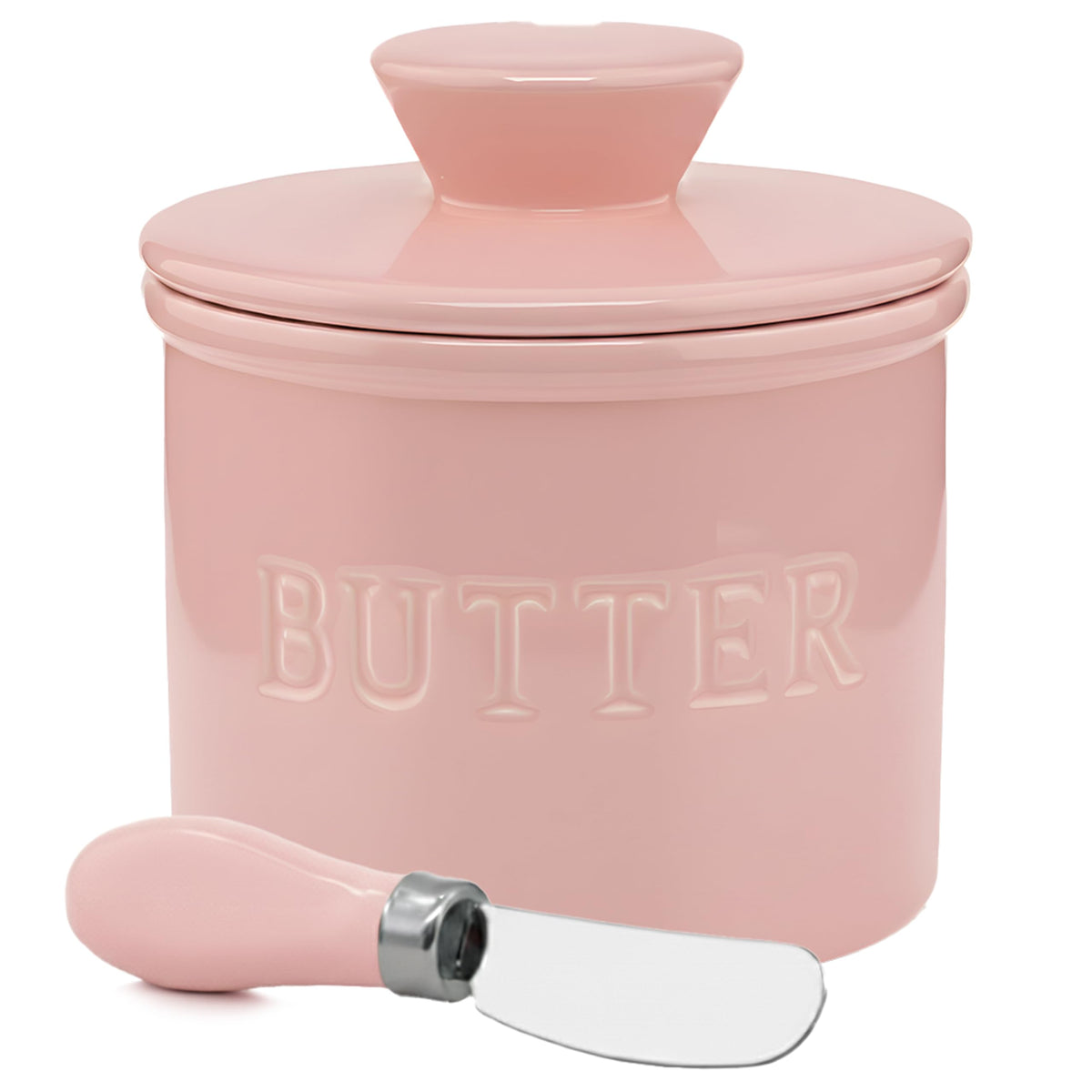 Priority Chef mantequera de cerámica rosa con tapa y línea de agua para frescura