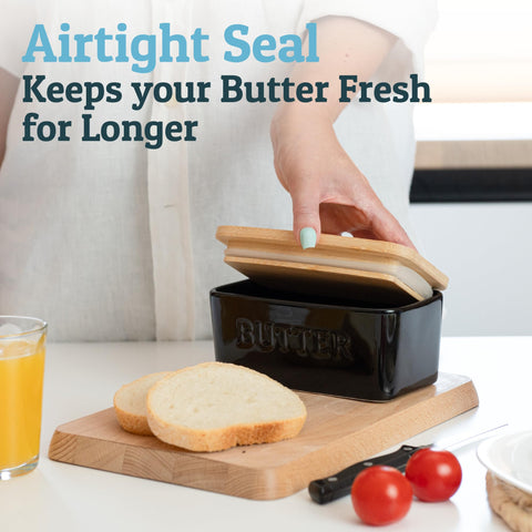 PriorityChef contenedor cerámico negro para mantequilla, con tapa hermética para frescura.