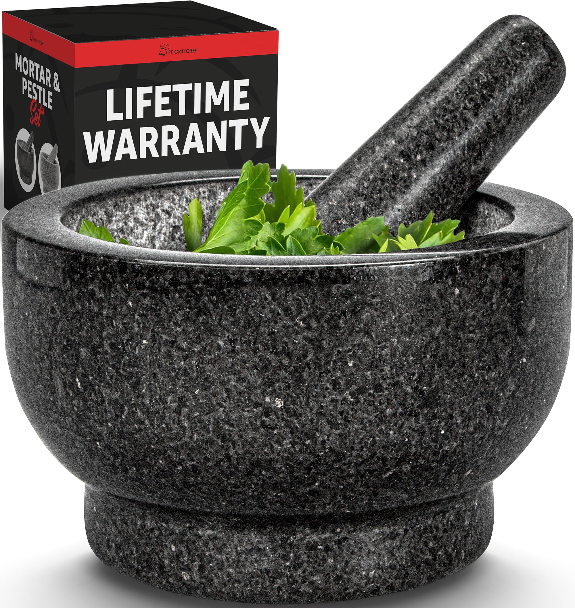 PriorityChef mortero granítico grande con capacidad de 4 tazas para salsas.