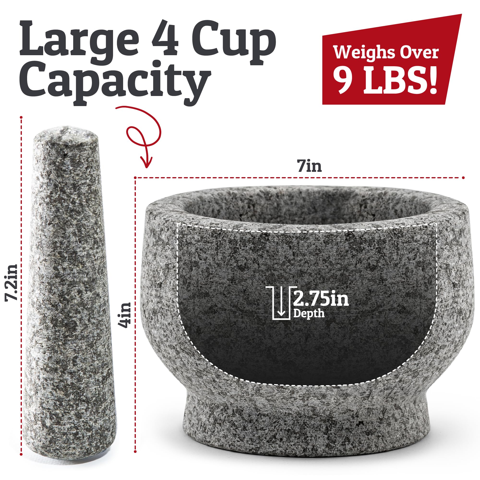 PriorityChef mortero-pilon granito natural gris, capacidad 4 tazas, ideal para guacamole