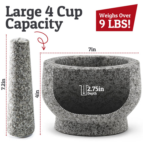 PriorityChef mortero-pilon granito natural gris, capacidad 4 tazas, ideal para guacamole