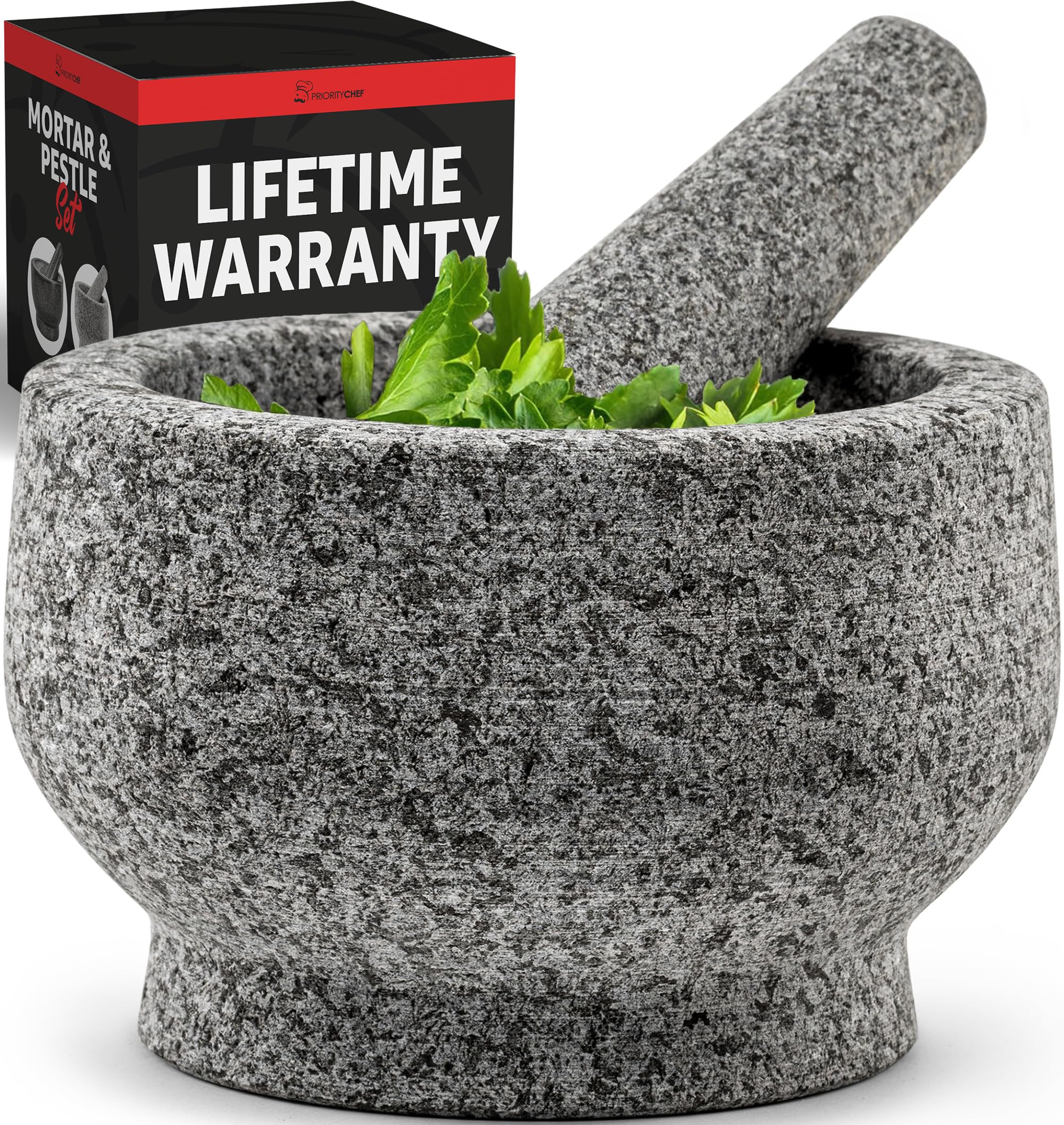 PriorityChef mortero-pilon granito natural gris, vista general, duradero para uso diario