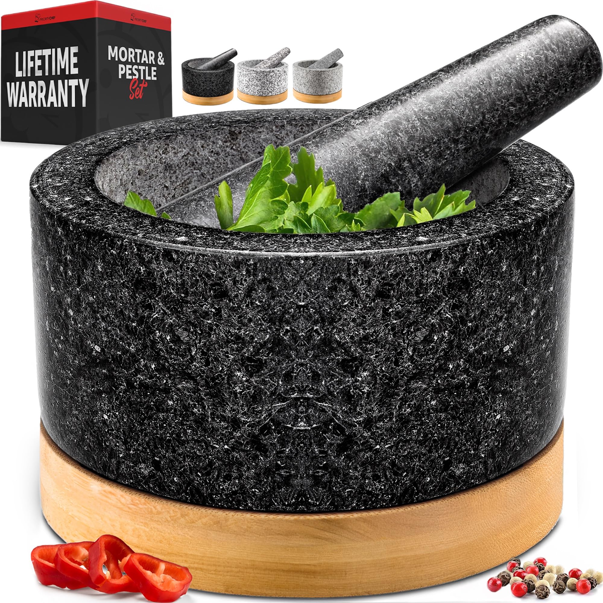 PriorityChef mortero y pilón de granito natural para moler con textura auténtica