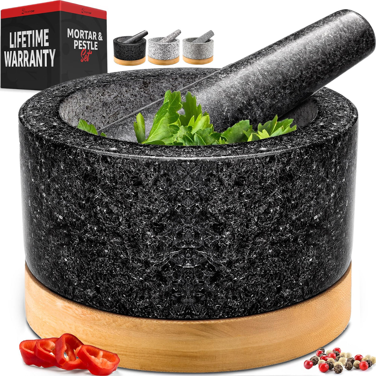 PriorityChef mortero y pilón de granito natural para moler con textura auténtica