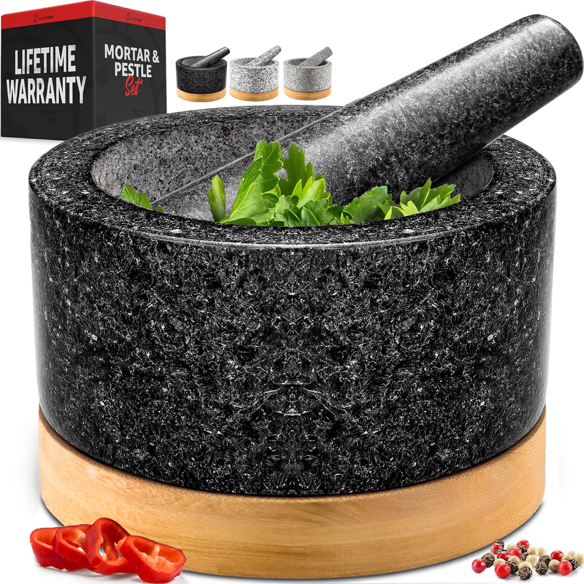 PriorityChef mortero y pilón de granito natural, ideal para moler especias y salsas.
