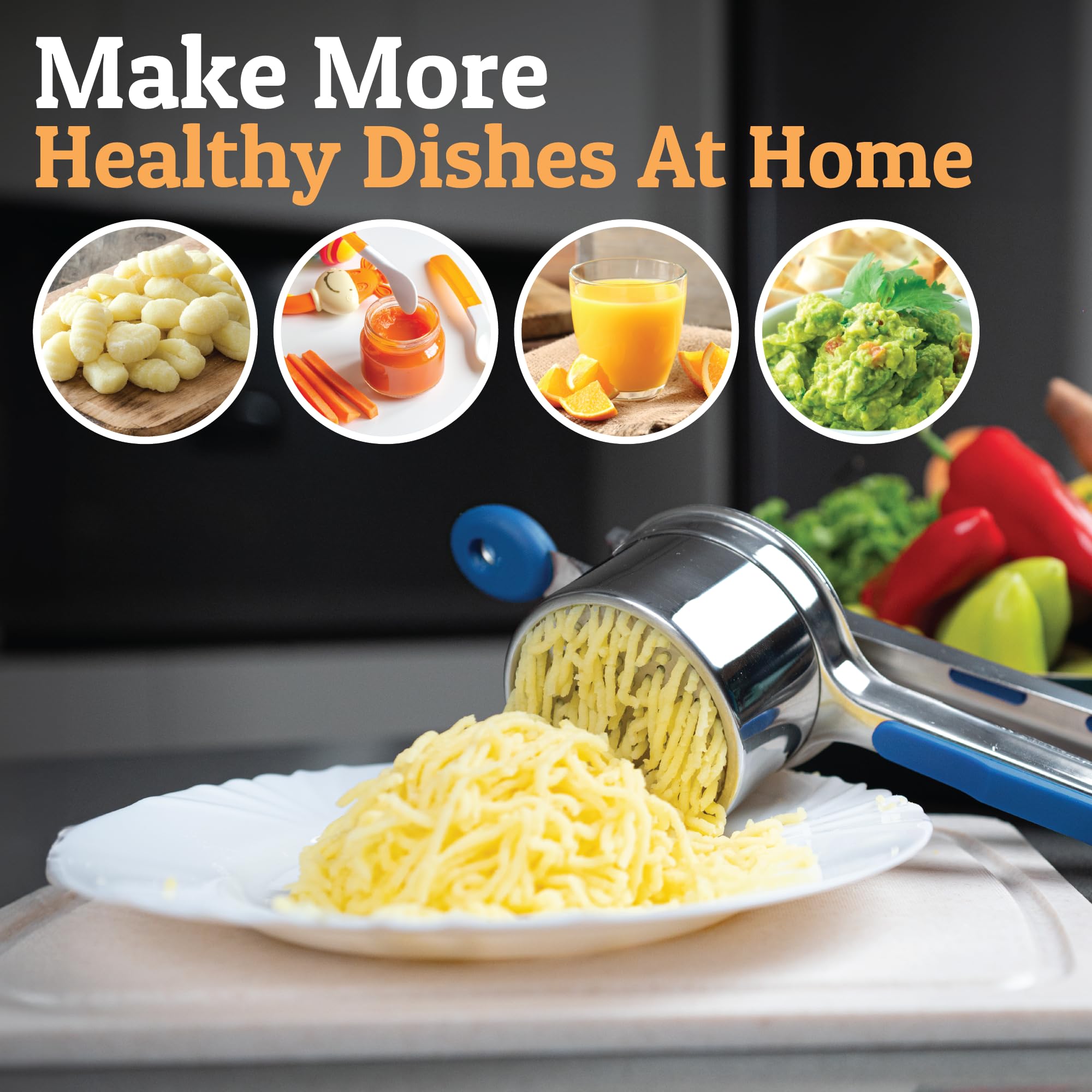 PriorityChef prensa patatas 15oz azul detalle y facilidad