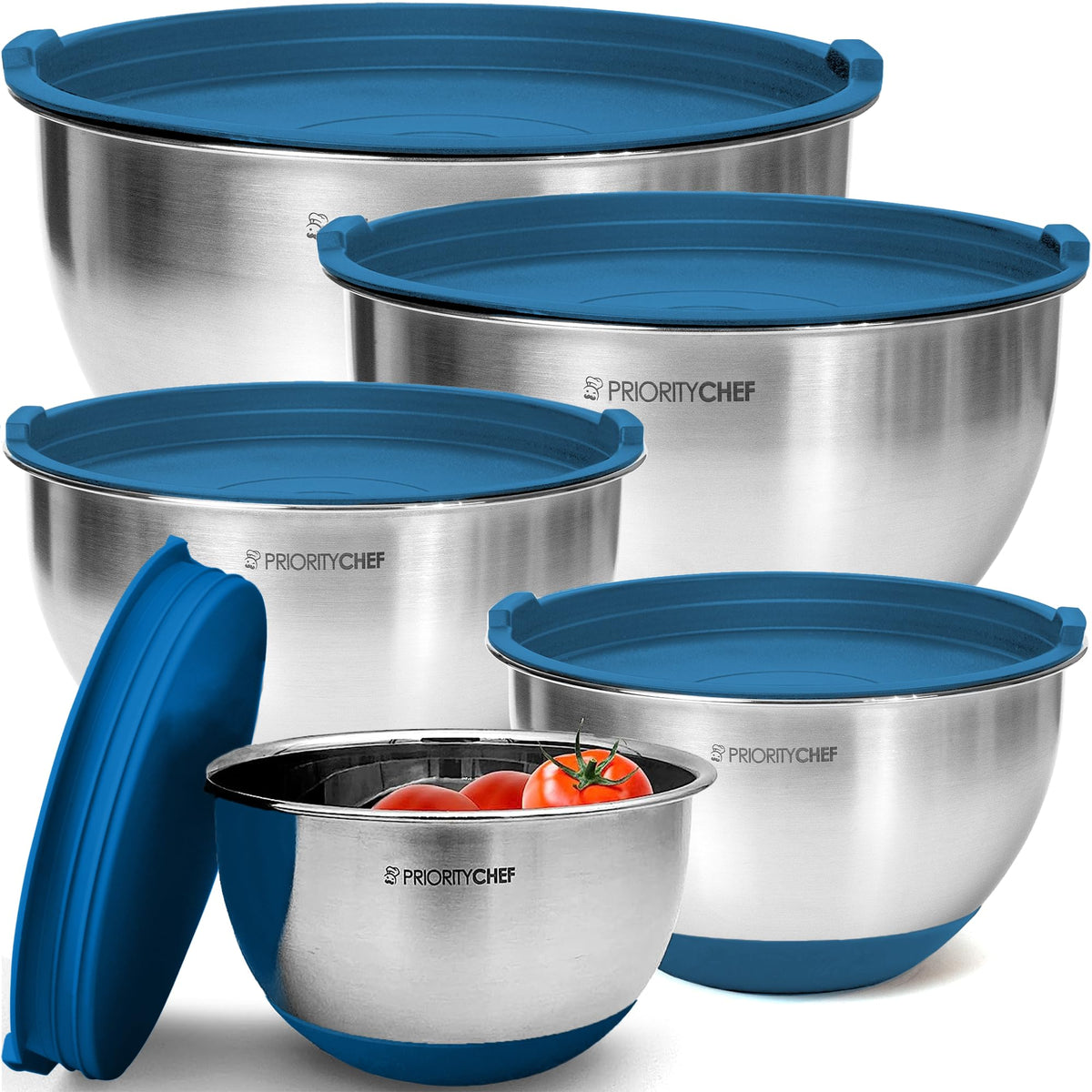 Priority Chef tazones de mezcla azul, acero inoxidable grueso para durabilidad.