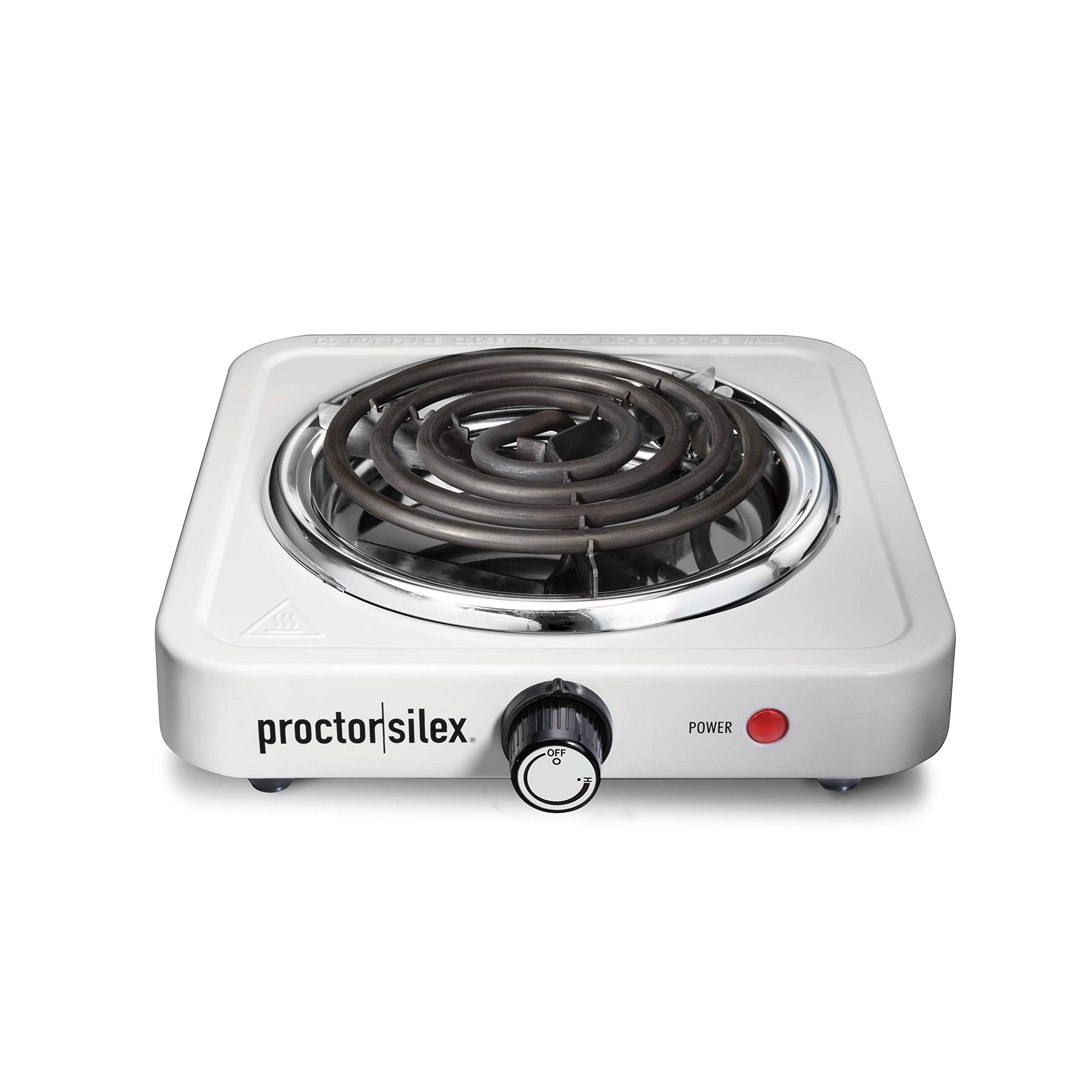 Proctor Silex estufa portátil vista frontal, ideal para cocinar en espacios pequeños.