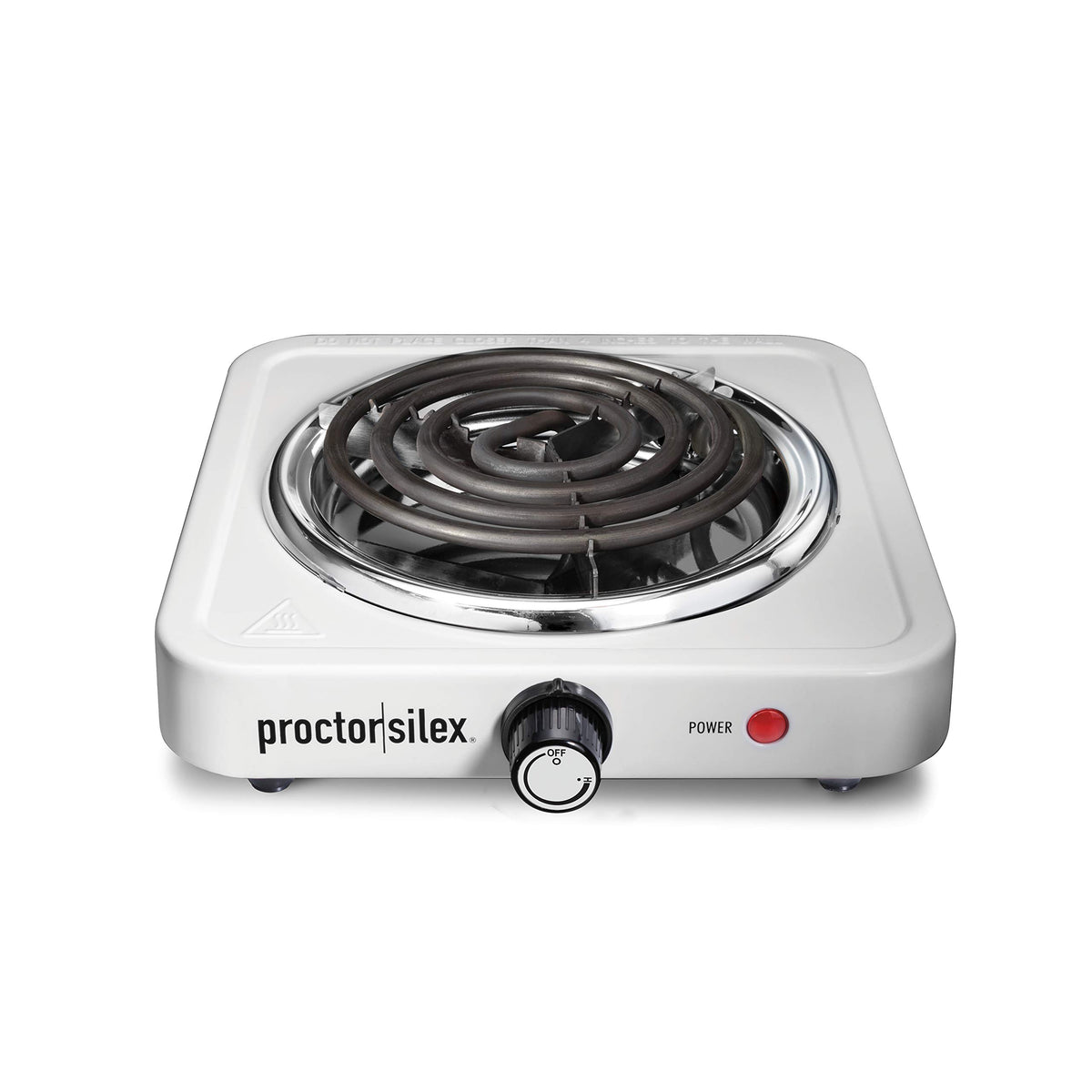 Proctor Silex estufa portátil vista frontal, ideal para cocinar en espacios pequeños.