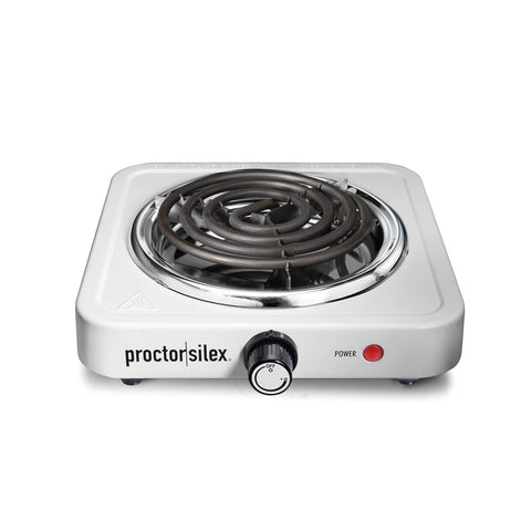 Proctor Silex estufa portátil vista frontal, ideal para cocinar en espacios pequeños.