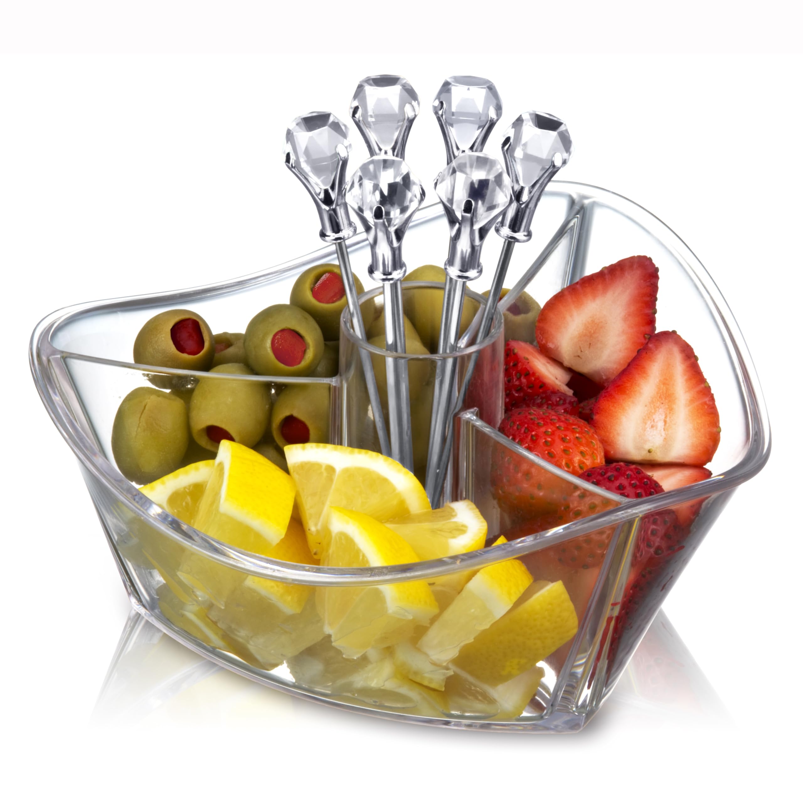 Prodyne Hora Feliz: bandeja con tres compartimentos para aceitunas y cítricos, lista para servir