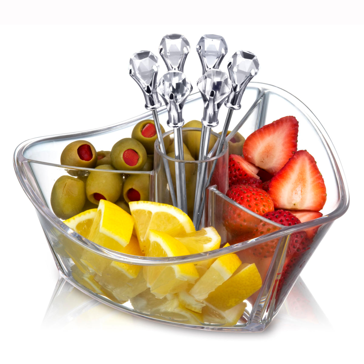 Prodyne Hora Feliz: bandeja con tres compartimentos para aceitunas y cítricos, lista para servir