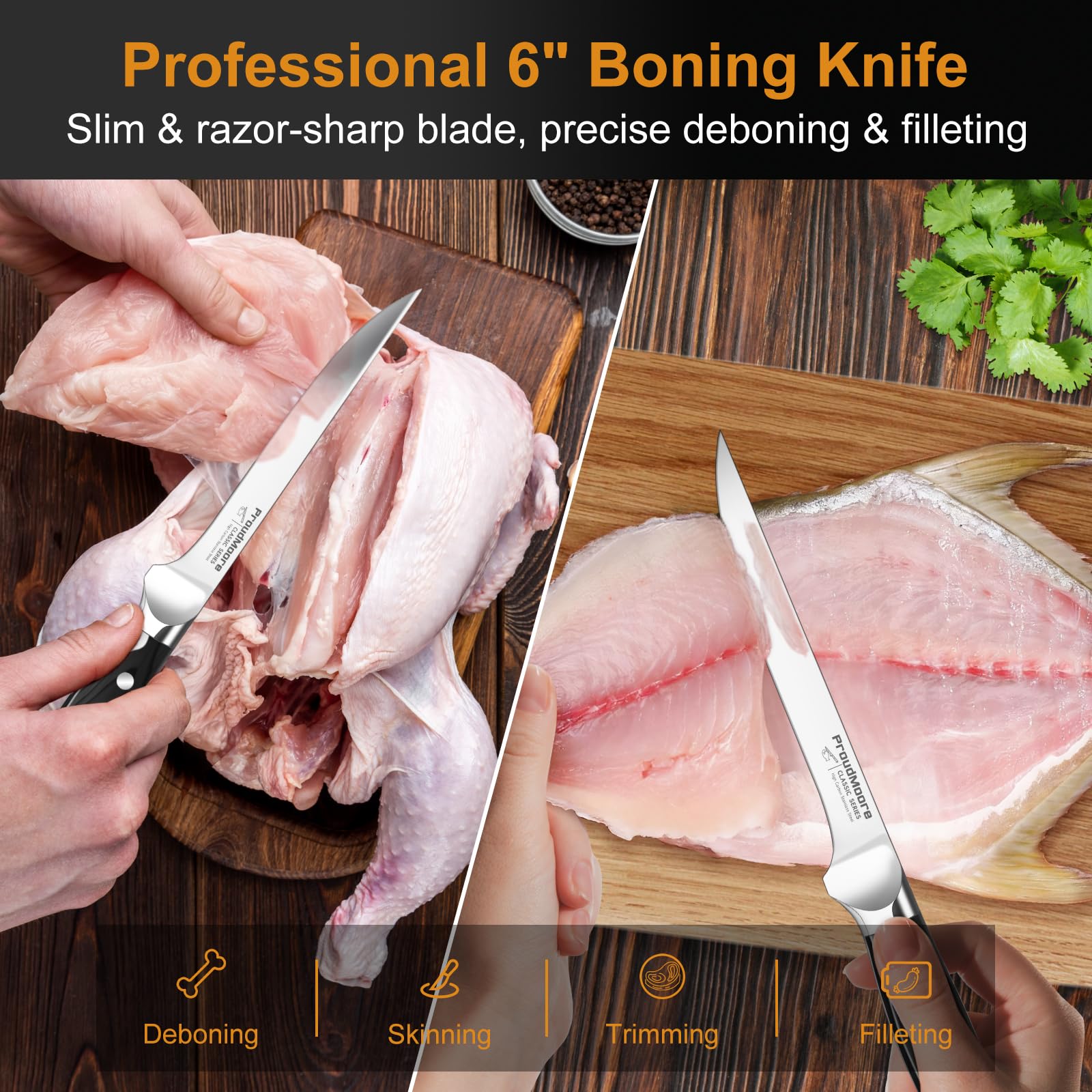 ProudMoore cuchillo chef 8 pulgadas, asa de madera ergonómica para un agarre cómodo