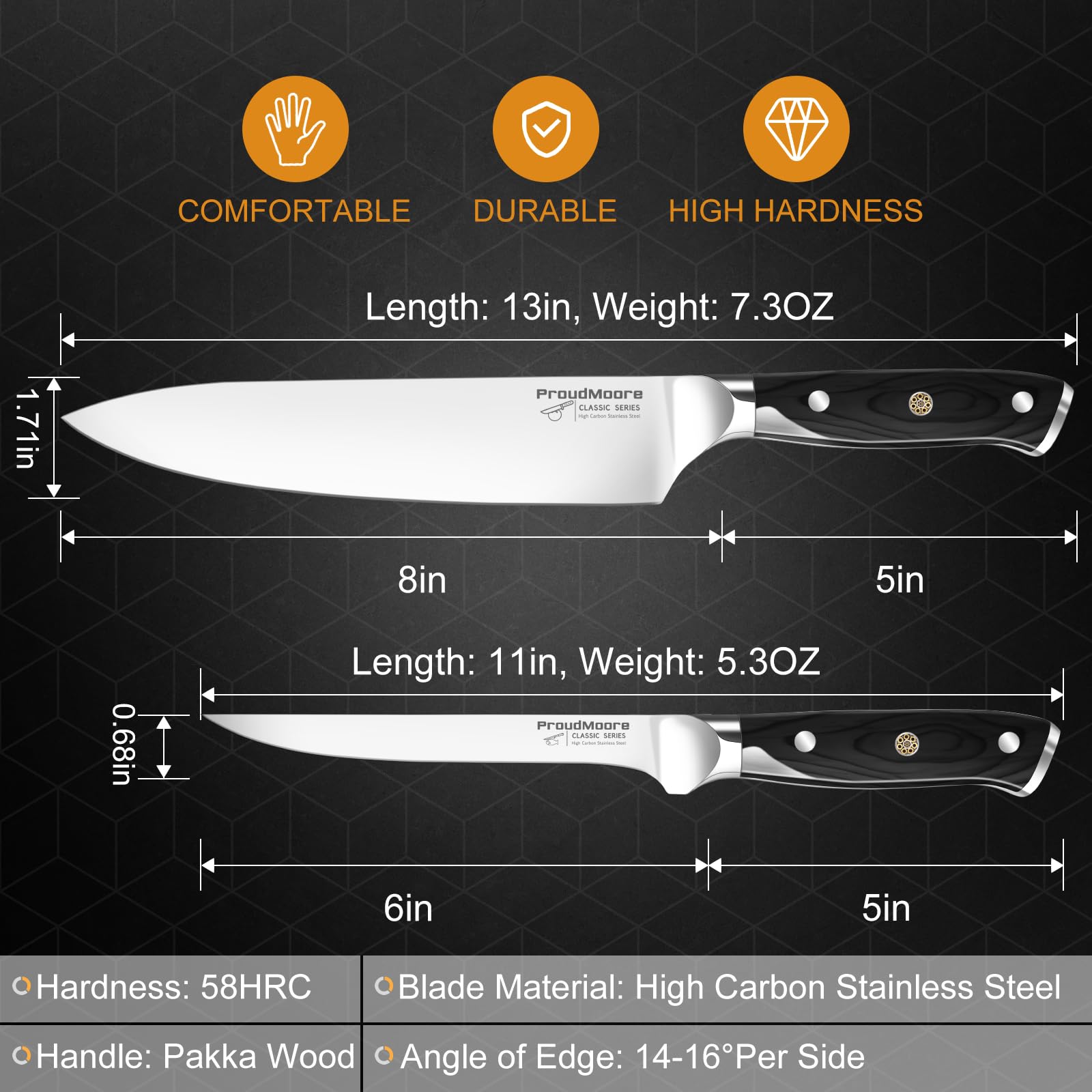 ProudMoore cuchillos profesionales con tang completo y mango ergonómico