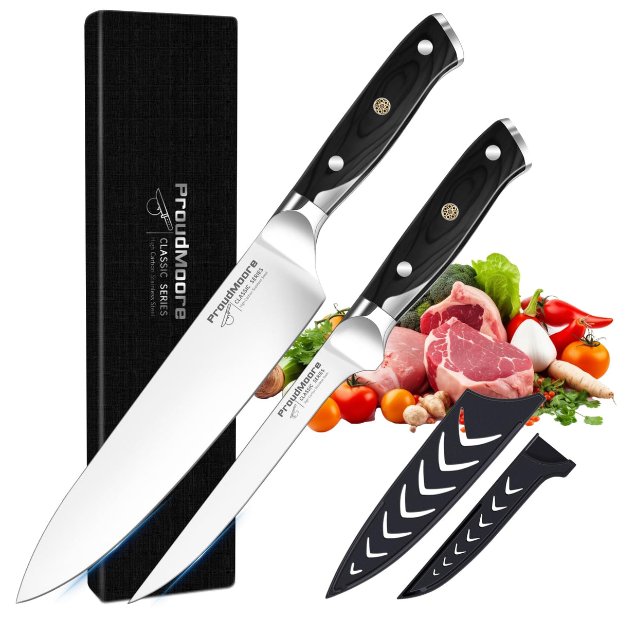 ProudMoore juego de cuchillos chef 8 pulgadas, afilado para cortar carnes y verduras