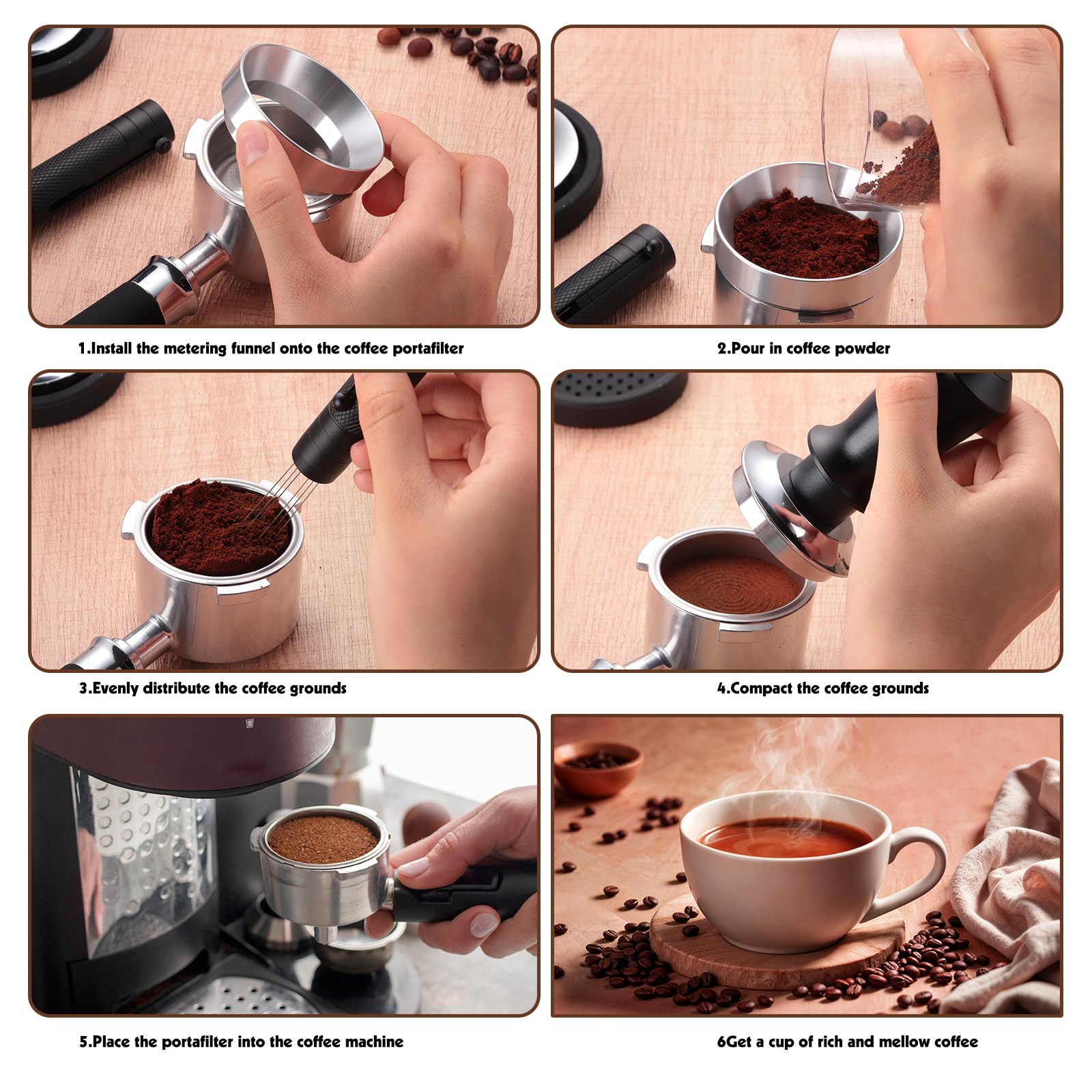 Mango ergonómico de tamper Prudiut: agarre cómodo para control preciso.