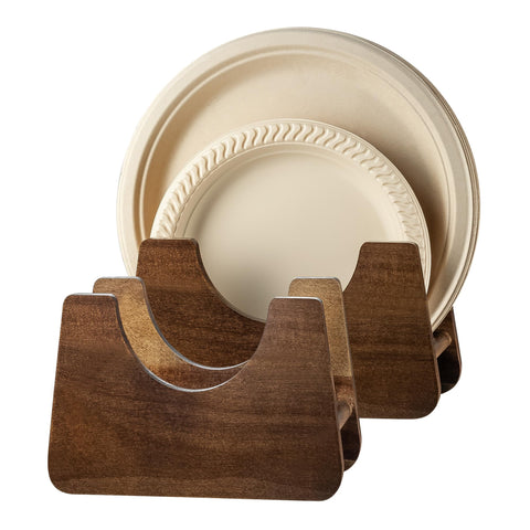 PTSTING dispensador de platos de papel en madera de acacia, frente para cocina ordenada.