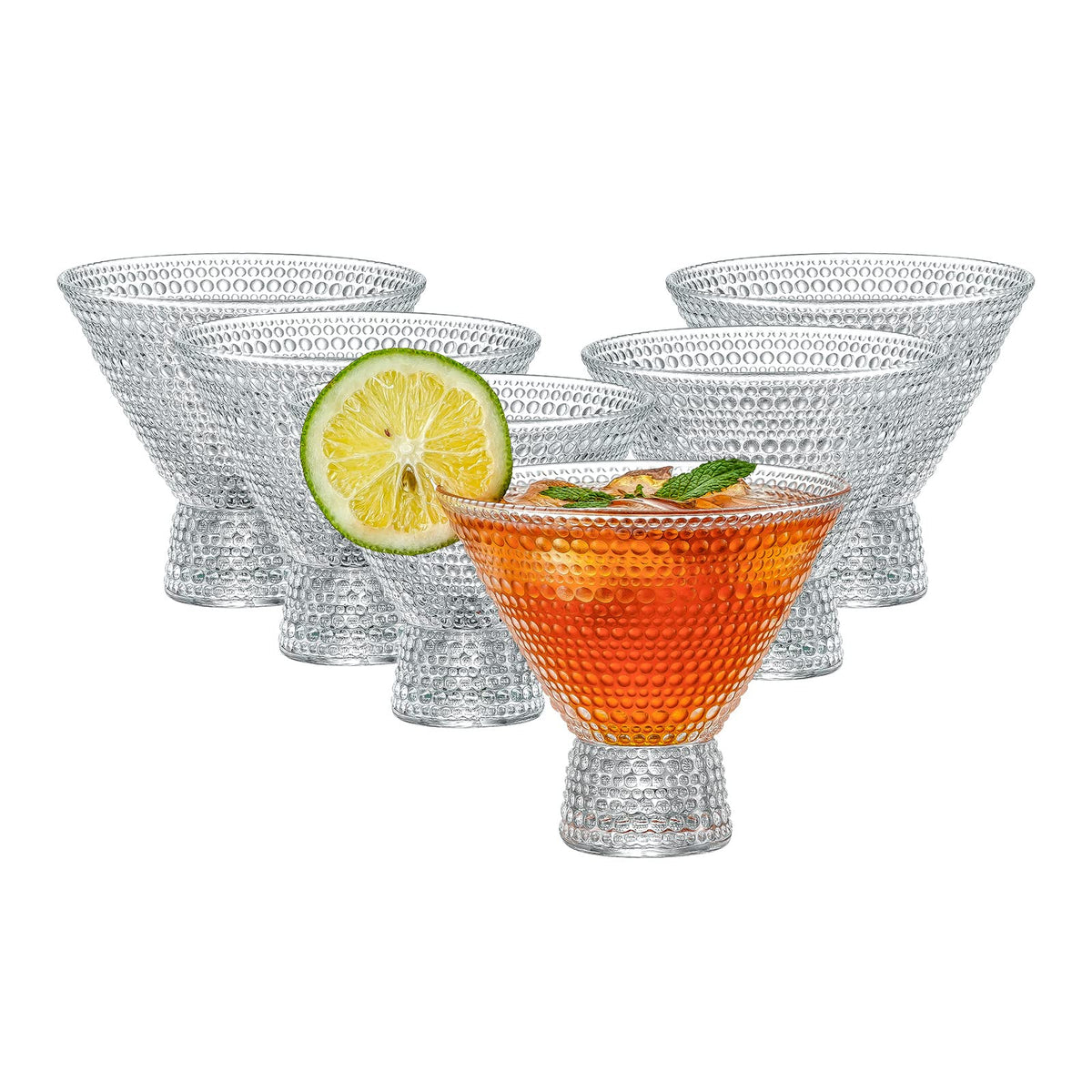 Vaso Martini PTSTING con relieve vintage, ideal para cócteles elegantes en reuniones.