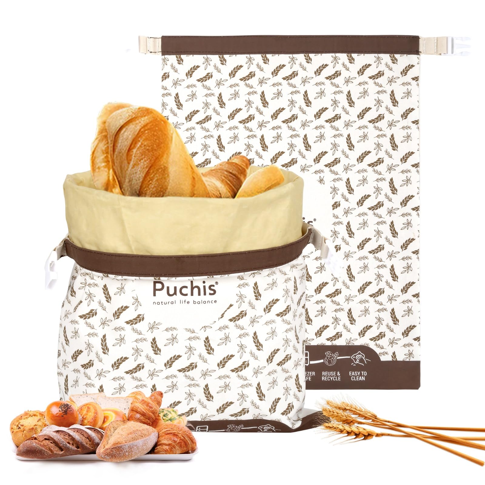Puchis bolsas para pan con cera de abejas, vista frontal con pan fresco