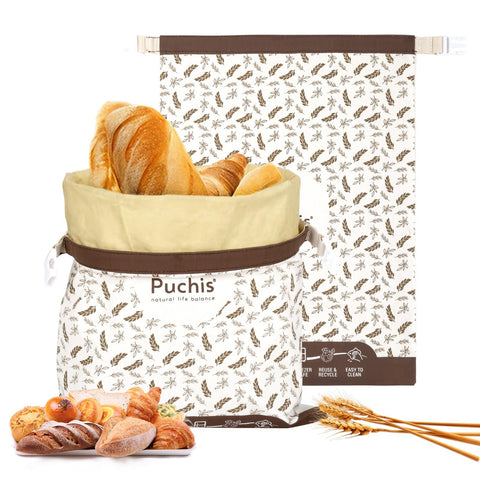 Puchis bolsas para pan con cera de abejas, vista frontal con pan fresco