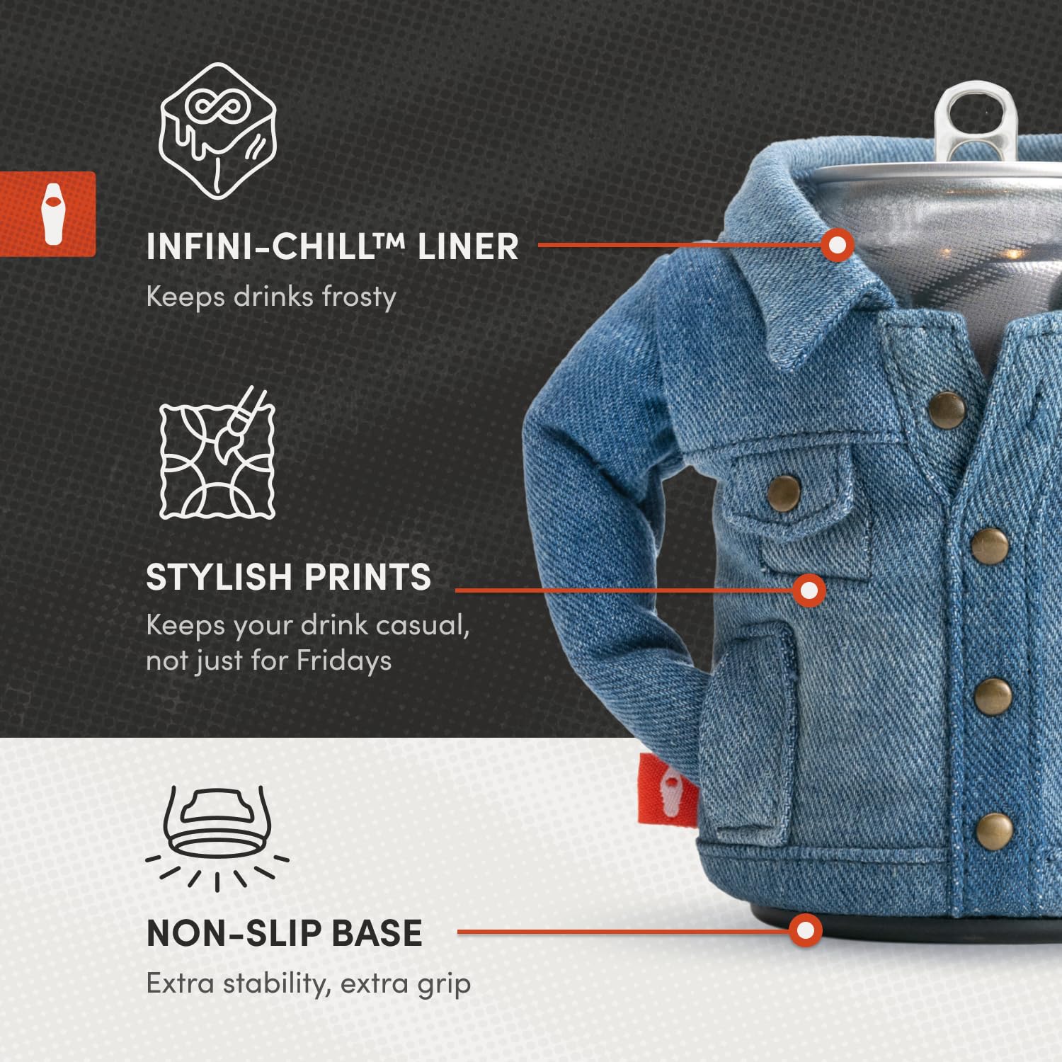 Puffin estuche denim para bebidas combina estilo y funcionalidad.
